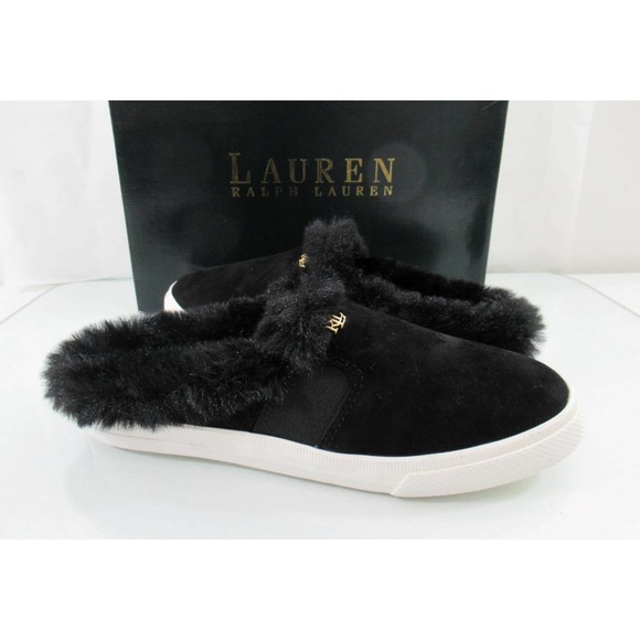 Ralph Lauren Jinny Mules Slip On Sneaker Cozy Faux Fur Trim Suede Black - Picture 3 of 8